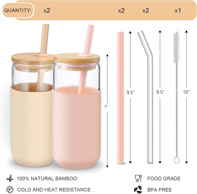 VITEVER 20 OZ Glass Cups with Bamboo Lids and Straws - Beer Can Drinking Glasses with Silicone Protective Sleeve Set, Iced Coffee Glasses, Cute Tumbler Cup for Water, Tea, Gift - Pink, Amber