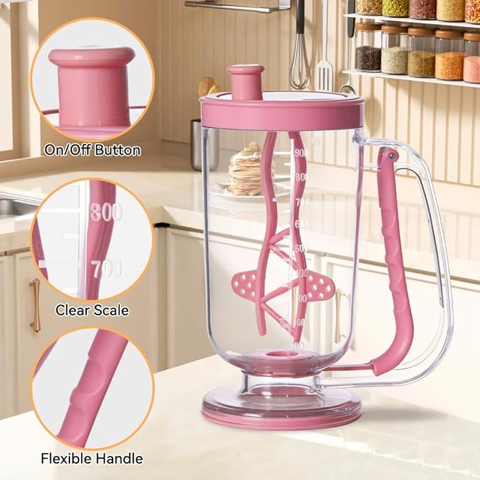 Pancake Batter Dispenser with Built-in Mixer Handle - No-Drip Handheld Funnel for Pancakes, Baking, Waffles, Cupcakes & Muffins - Easy Squeeze Baking Tool for Perfect Portions (Pink with Mixer)