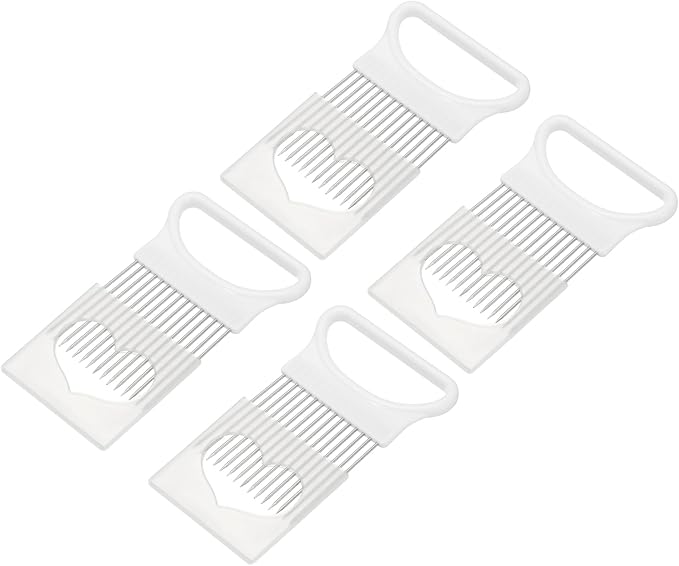 uxcell 4 Pcs Onion Slicer Holder, 4.3 x 3.1 Inch Stainless Steel Vegetable Cutting Holder Food Cutter Tool for Slicing Storing Onions Tomatoes Potatoes Avocados Apples, White