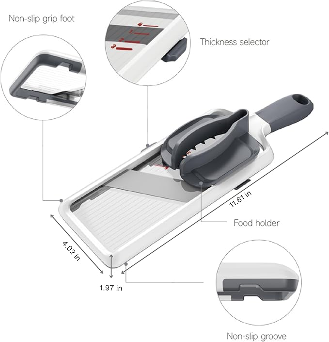 ZKIRON Handheld Mandoline Slicer for Kitchen - Adjustable 3-Thickness Vegetable Slicer (1mm-3mm) with Food Holder - Safe Potato Slicer & Cucumber Cutter for Salad, Easy to Clean (Gray)