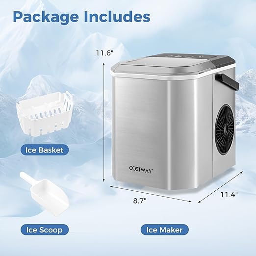 COSTWAY Countertop Ice Maker with Self-Cleaning, 9 Ice Cubes Ready in 6-13 Mins, 26.5Lbs/24H, 2 Sizes of Bullet Ice, Portable Ice Machine with Handle, Ice Scoop and Basket for Home Office (Silver)