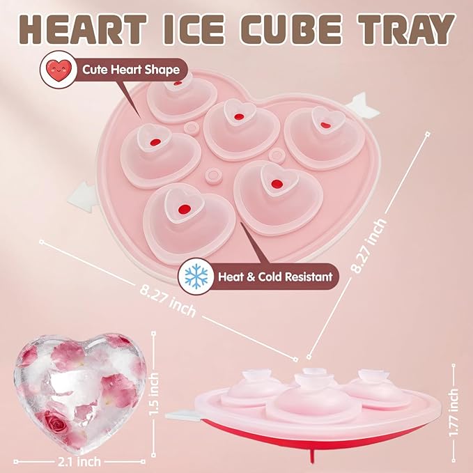 2 Pack Heart-Shaped Ice Cube Trays - 6 Holes Silicone Ice Cube Tray, Love Heart Shape Ice Cube Mold for Chilling Whiskey Cocktails Drinks Beverages Iced Tea & Coffee (red)
