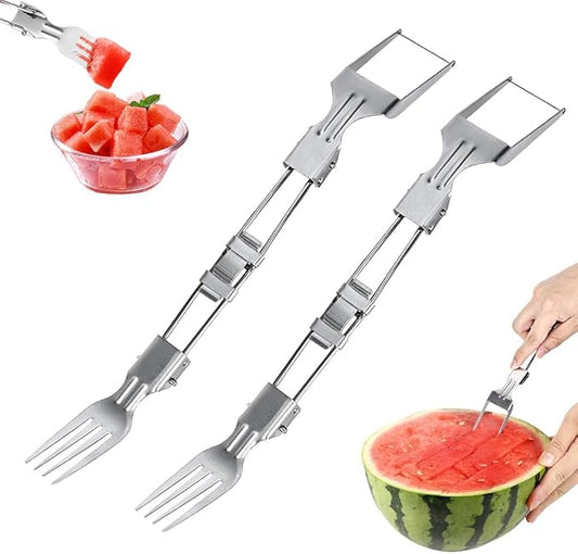 2-in-1 Stainless Steel Fruit Cutter, Watermelon Fork Slicer Cutter, Portable Watermelon Cutter Tool with Dual Head Design for Home Party Camping Kitchen (2)
