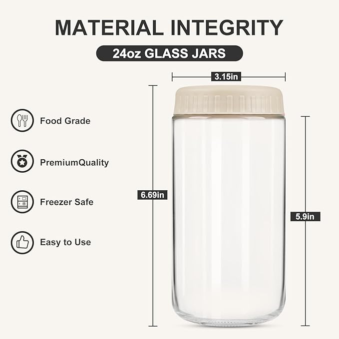 SHOWIN Overnight Oats Containers with Lids, 24oz Glass Jars with Lids 2 pcs, Apricot, Wide Mouth Mason jars for Salad, Yogurt, Snacks, Meal Prep