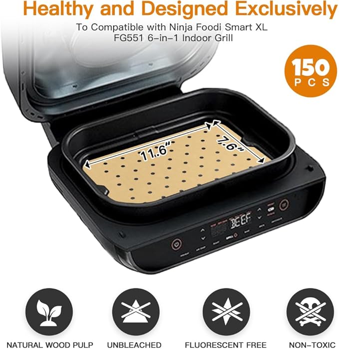 Air Fryer Liners Disposable for Ninja: 150pcs Air Fryer Parchment Paper Liners for Ninja Foodi Smart XL FG551 6-in-1 Indoor Grill Accessories Perforated Rectangle Airfryer Liner Sheets