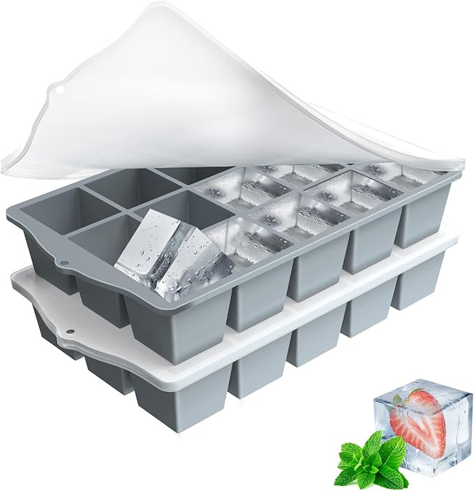 Ice Cube Trays for Freezer, 2 Pack Easy Release Slicone Ice Cube Tray with Lid, BPA Free Stackable Flexible Ice Molds 15 Square Reusable Ice Cubes for Whiskey, Baby Food, Iced Coffee (Grey)