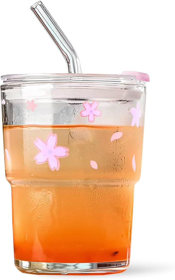 Iced Coffee Cup, 15Oz/450ml Glass Cups With Lids And Straws, Iced Coffee Glasses Tumbler, Thick Wall Mug For Tea Water With Glass Straw, Coffee Cute Tumbler Gifts (Pink)