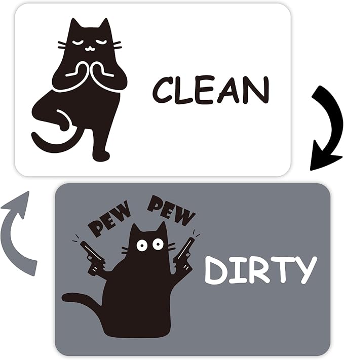 Funny Black Cat Clean Dirty Dishwasher Magnet - Cute Refrigerator Kitchen Magnet, Non-Scratch Strong Double Sided Washing Machine Sign, Housewarming Gifts for Cat Lovers, Home Apartment Essentials (White&Gray)