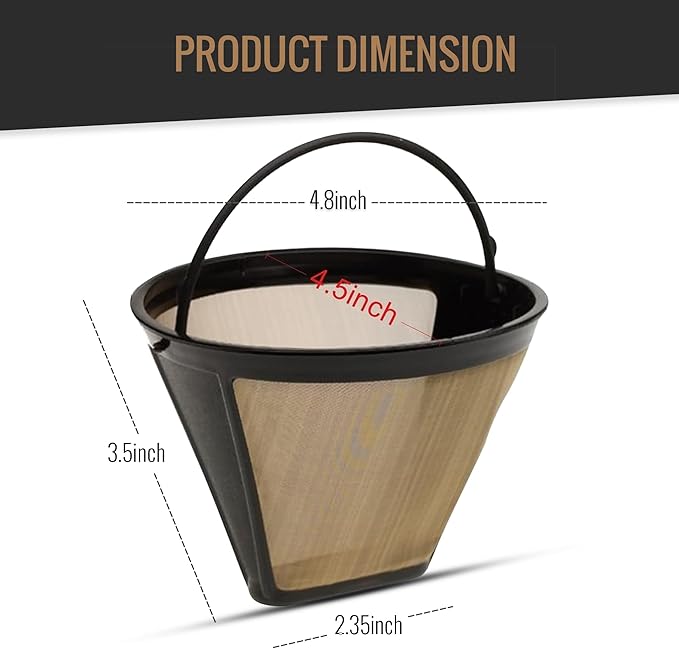 Reusable #4 Gold Tone Mesh Cone Coffee Maker Filter Basket - exact Replacement for Cuisinart, Ninja, Hamilton Beach, Breville, Moccamaster, Bonavita, Farberware, 1pc