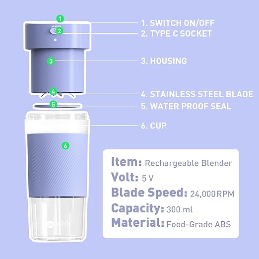MIO Portable Blender for Smoothies, 10 oz Mini Personal USB-C Rechargeable Cordless Smoothie Maker & Handheld Protein Shake Blender, Quiet Small Travel Juicer for Office, Gym, Kitchen(Purple)