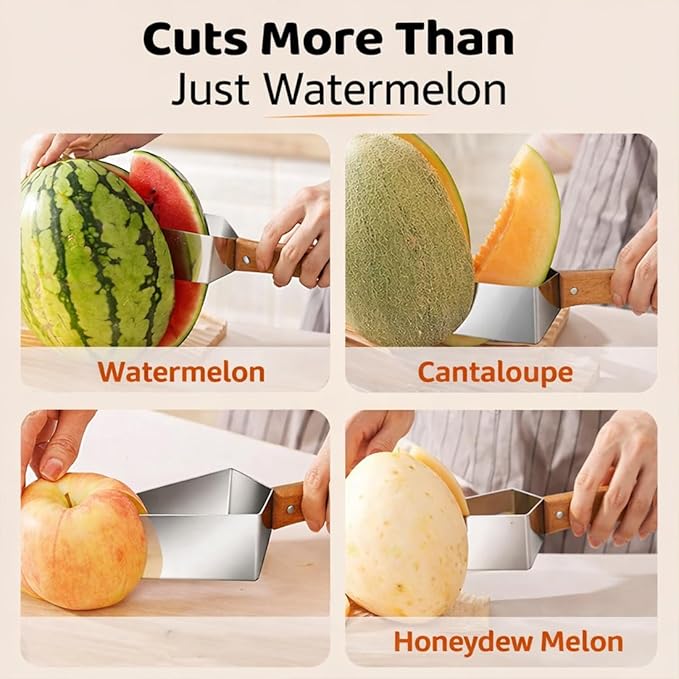 2026 Stainless Steel Watermelon Slicer, Triangle Watermelon Cutter, Stainless Steel with Wooden Handle for A Wide Variety Watermelon, Cantaloupe, Honeydew,and More (2PCS)