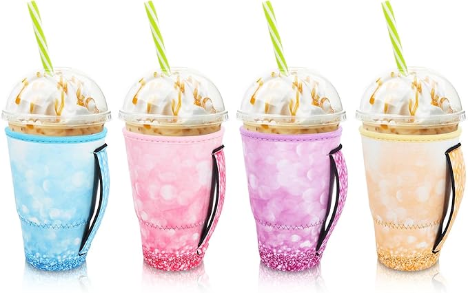 4Pack Reusable Iced Coffee Sleeve Insulator Sleeves for Cold Drinks Beverages, Neoprene Cup Holder for Most Coffee, Fits 30-32oz Large Cups (Glitter Pattern)