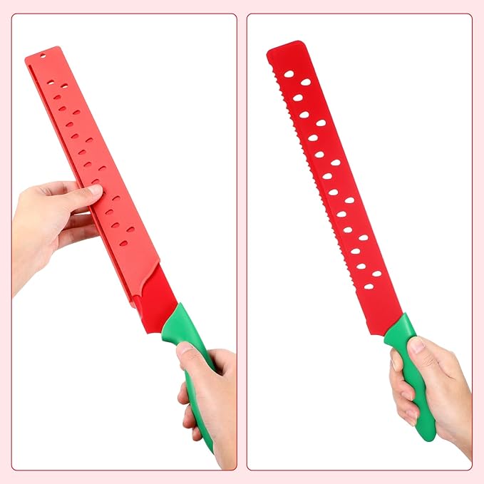 Watermelon Knife with Sleeve for Melon Cutting, Long Serrated Bread Lettuce Vegetable Knife, Kitchen Fruit Melon Tomato Cutter Slicer, with Cover for Home Summer Party Camping Outdoor (Red Green)