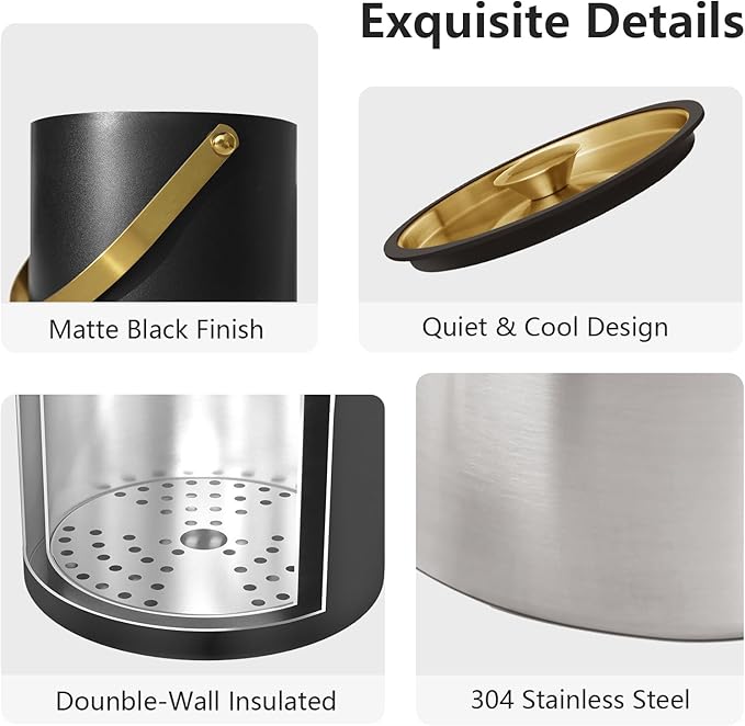 Bakpoco 4L Ice Bucket with Silicone Lid, Scoop, Gold Tongs & Strainer, Stainless Steel Double Wall Insulated Ice Buckets for Parties & Cocktail Bar Outdoor Champagne Ice Container Bin, Black