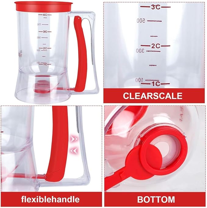 900ML Batter Dispenser，Pancake and Cupcake Separator with Measuring Label and Capacity, Squeeze Handle, BPA-Free, Leak-Proof