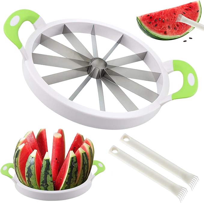 Extra Large Watermelon Slicer Cutter, Stainless Steel Watermelon Knife Set with See-d Remover, Sharp Fruit Cutter Round Divider for Cantaloup Melon Pineapple, Fruits up to 30cm(COLOR:Green)