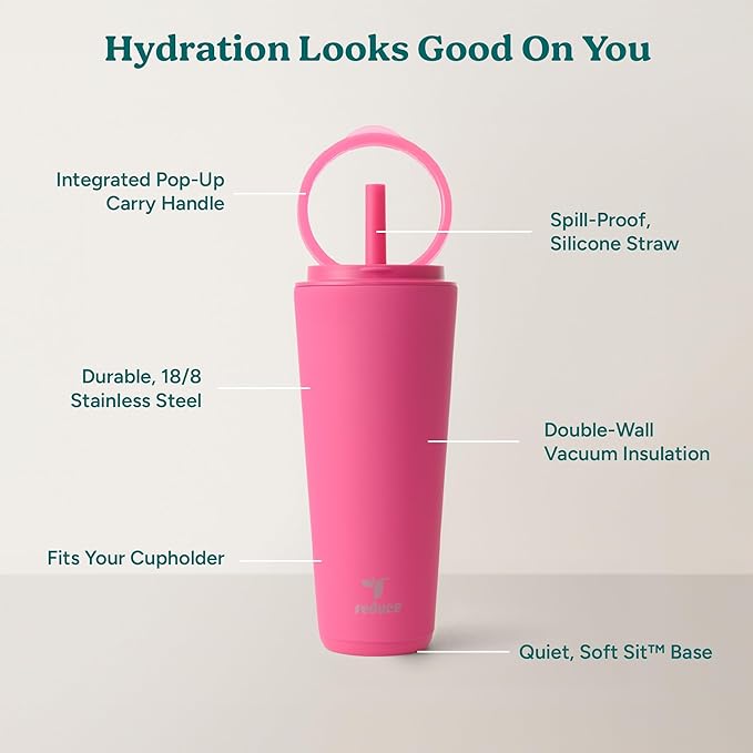 REDUCE Halo 32 oz Stainless Steel Vacuum Insulated Tumbler - Spill Proof Travel Mug with Flip Handle Lid - Keeps Drinks Cold for 32 Hrs - Dishwasher Safe - Cupholder Friendly - Dragon Fruit