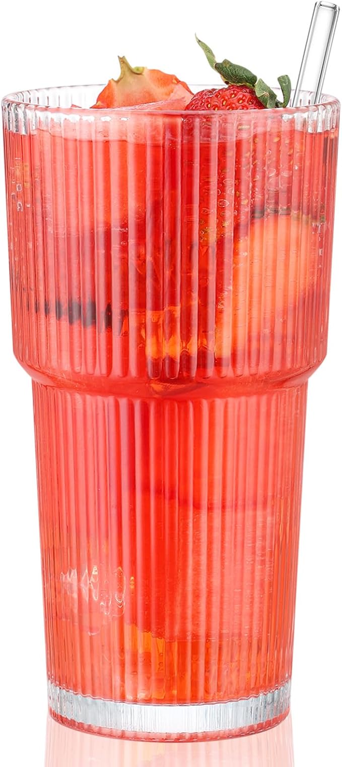 CWHHRN 20 oz Glass Cup and Straw, Glass Tumbler with Straw, Vintage Glassware for Whiskey Cocktail Beer, Iced Coffee Cups (1 PACK)