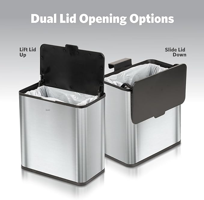Glad Roomate Stainless Steel Under Counter Waste Bin with Clorox Odor Protection | Space Saving Dual Lid Small Trash Can for Kitchen Cabinet, Bathroom or Office, 1.5 Gallon (6L)
