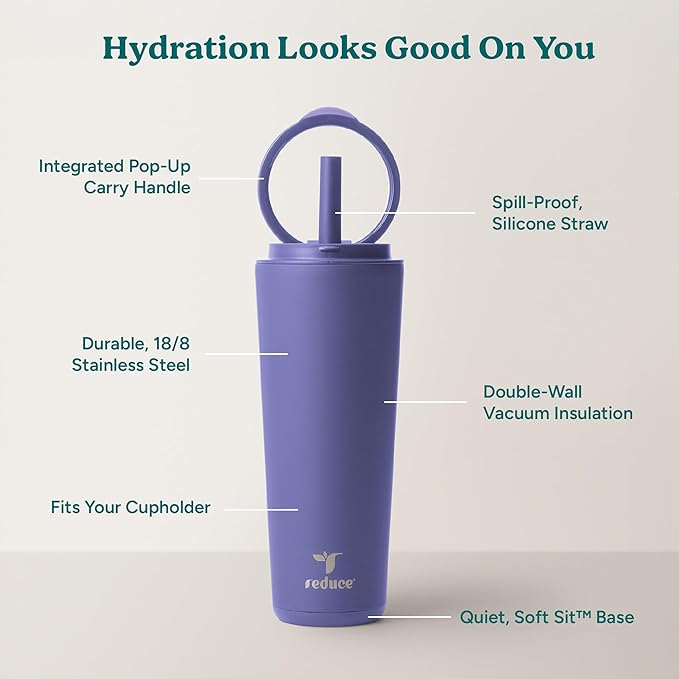 REDUCE Halo 24 oz Stainless Steel Vacuum Insulated Tumbler - Spill Proof Travel Mug with Flip Handle Lid - Keeps Drinks Cold for 32 Hrs - Dishwasher Safe - Cupholder Friendly - Future Dusk