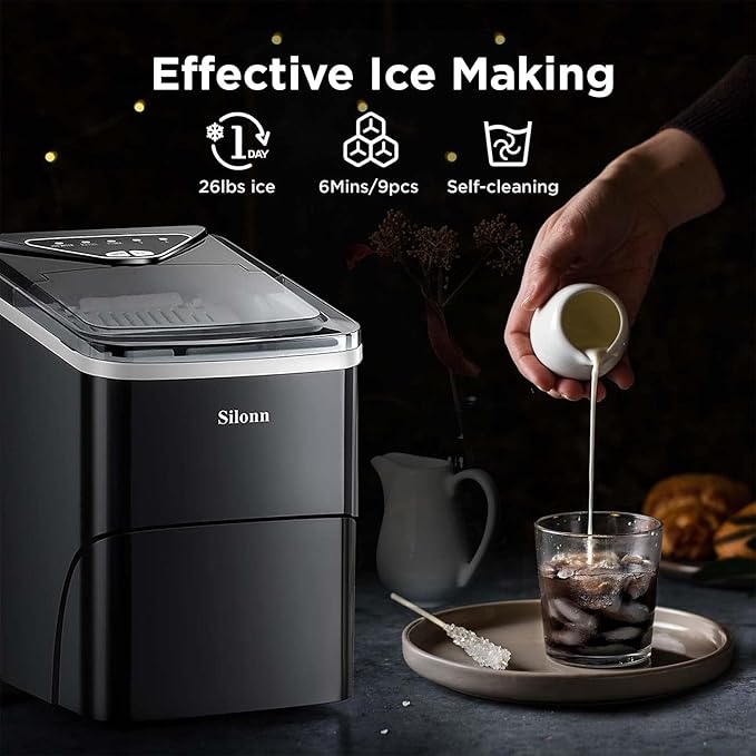 Silonn Countertop Ice Maker Machine - Auto-Cleaning Portable Ice Maker, 26lbs in 24Hrs, 2 Sizes of Bullet Ice for Home Kitchen Office Bar Party, Black