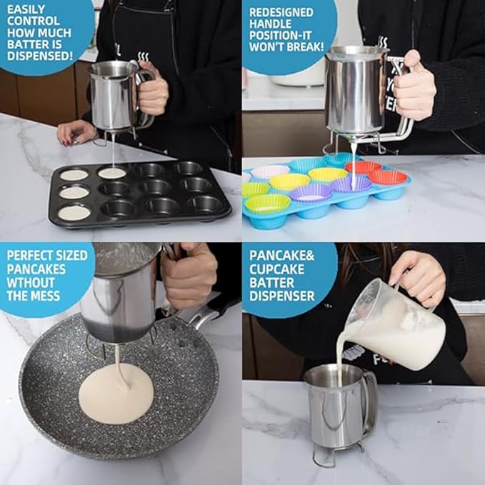 Premium Stainless Steel Batter Dispenser for Pancakes, Cupcakes, Cookies, Waffles & More - 900ML Handheld Pourer with Stand, Squeeze Handle, Unbreakable, Perfect for Various Baking (Stainless Steel)