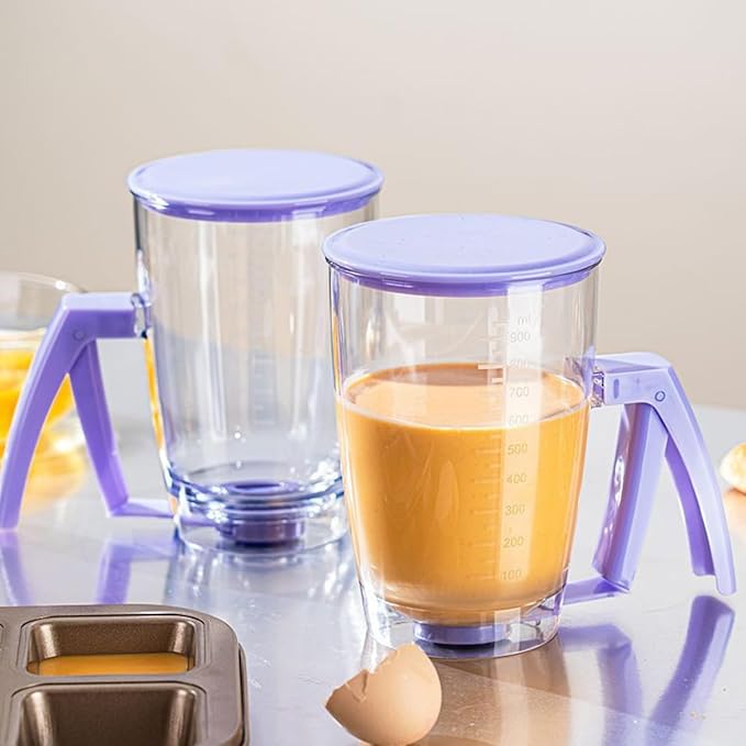 Pancake Batter Dispenser - Kitchen Must Have Tool for Perfect Pancakes, Cupcake, Waffle, Muffin Mix, Cake & Crepe - Baking Supplies for Griddle - Pancake Maker with Measuring Label (Purple)