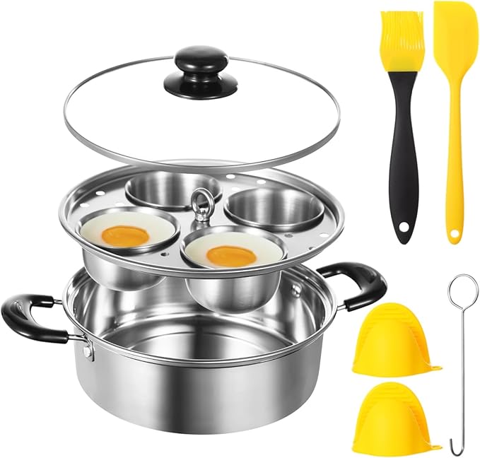 Egg Poacher Pan Nonstick 4 Eggs, Poached Egg Cooker, Poached Egg Pan, Stainless Steel Egg Poacher, Includes Stainless Steel Pot, 4 Cups, Silicone Brush & Spatula, Suitable for Multiple Stove Types (without coating)