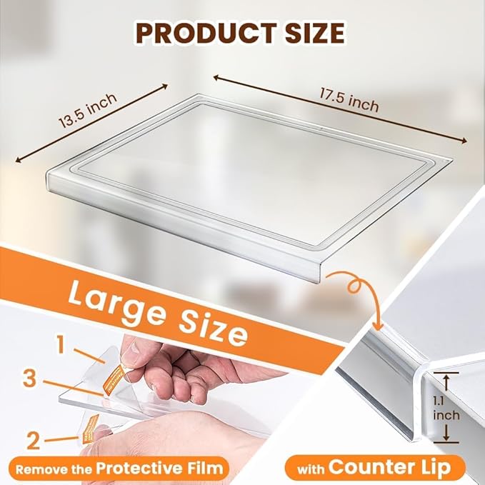 Acrylic Cutting Board with Counter Lip,17x13 Inch Clear Chopping Board, Non-Slip Ease to Clean Anti-Scratch Kitchen Cutting Boards with Lip for Countertop,Ideal for Food-Fruits,Bread,Vegetables Prep