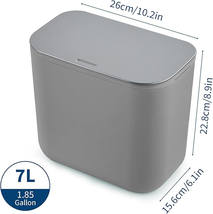 1.8 Gallon/7L Hanging Trash Can with Stainless Steel Lid, Mountable Under Sink Compost Bin for Kitchen Cabinet Door, Food Waste Bin for RV, Bathroom, Office - Grey