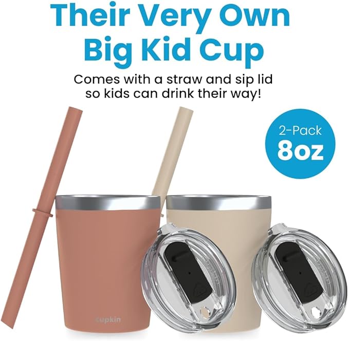 CUPKIN Toddler Straw Cup, The Original 8 oz Stackable Stainless Steel Toddler Cups, Set of 2 Powder Coated Insulated Kids Straw Cups + BPA Free Lids + Reusable Silicone Straws (Brown + Peach)