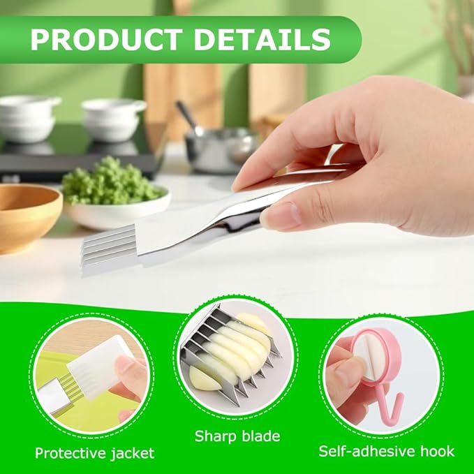 2pcs Onion Knife,Stainless Steel Scallion Cutter Shredder Manual Green Onion Slicer Tool with 2pcs Brushes Multifunctional Home Kitchen Slicing Tool Gadgets