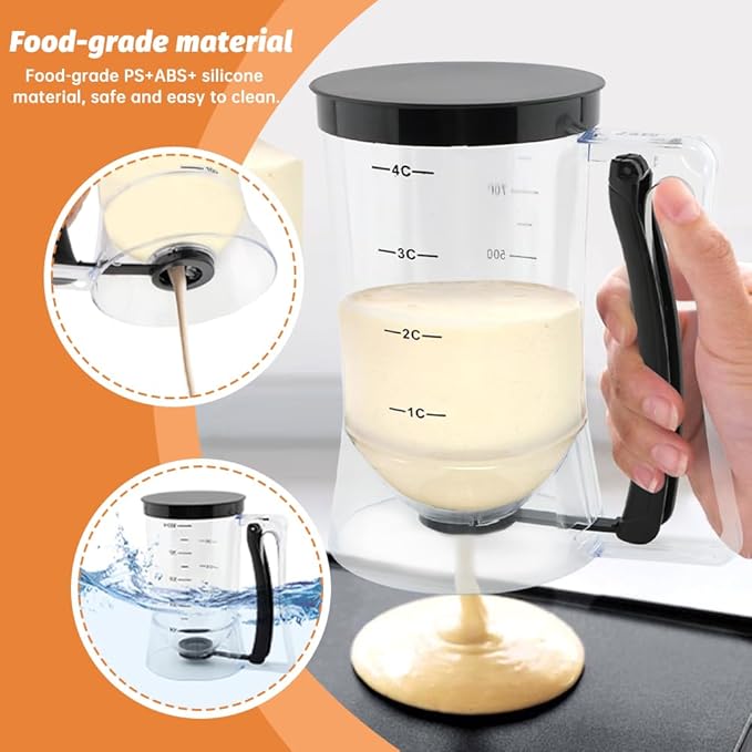 4 Cup Pancake Batter Dispenser with Cupcake Scoop Batters Dispenser,Pancake Waffl Mix Dispenser with Squeeze Handle & Measuring Marks,for Cupcake,Muffins, Crepes & Cupcakes(black)