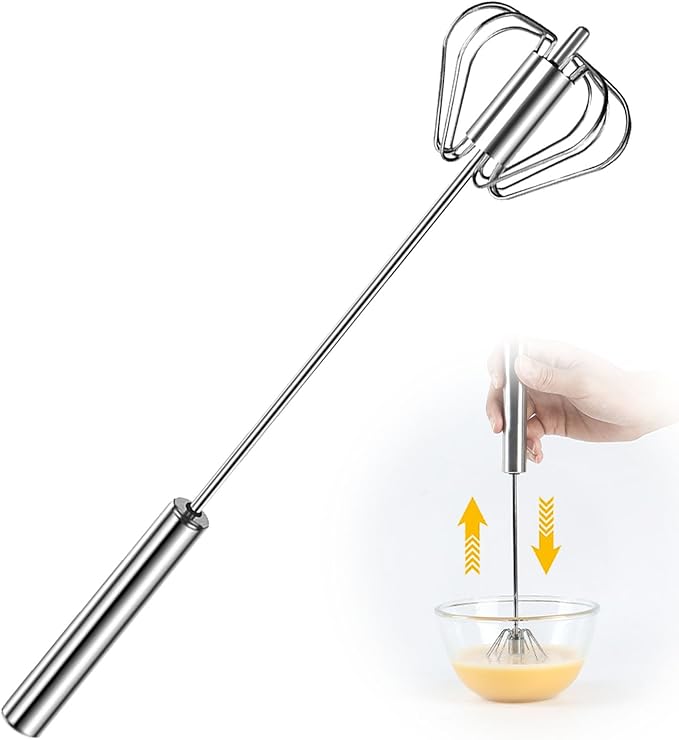 Stainless Steel Semi-Automatic Whisk, 2026 New Stainless Steel Egg Whisk Hand Push Rotary Whisk Blender, Hand Push Mixer Stirrer Tool for Cooking Kitchen Home Egg Milk (12in)