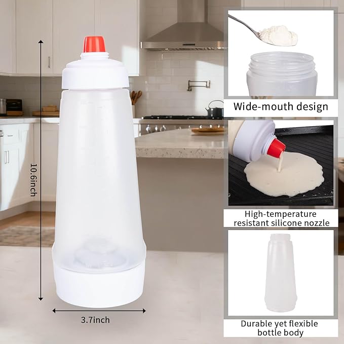 Pancake Batter Dispenser with Mixing Ball and Silicone Spatula Pancake Squeeze Bottle Mixer Batter Dispenser Bottle for Pajncakes, Crepes, Waffle, Muffins, Cupcakes, and more 2Pcs Hjpzrui