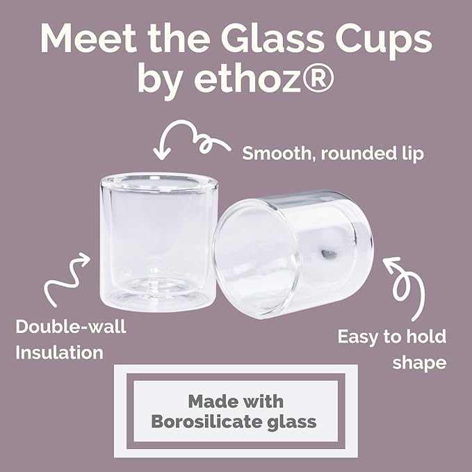 Ethoz® by Planetary Design Double Walled Glass Tumblers – Insulated Borosilicate Cups, 8 fl.oz (Set of 2), Ideal for Coffee, Tea, Whiskey, Matcha | Elegant & Durable Design, Perfect for Holiday Gifts!
