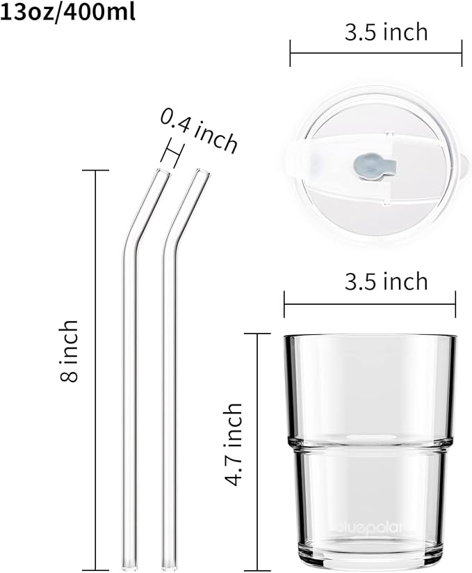 BLUEPOLAR 13oz/400ml Glass Water Tumbler with Straw and Lid Sealed Carry On Thick Wall Iced Coffee Cup Glass Cup for Water, Iced Tea Fruit Juice Etc (White-2Pack)