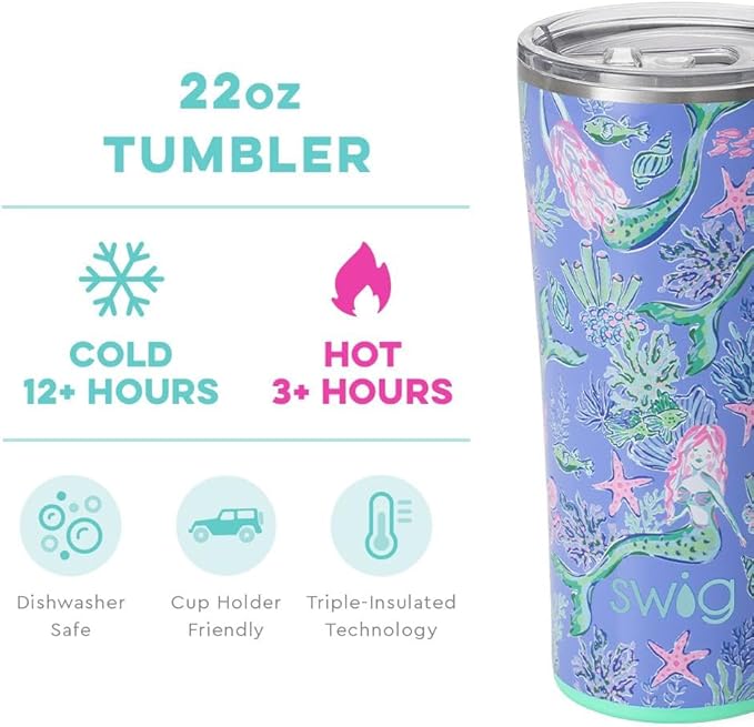 Swig Life 22oz Insulated Tumbler, Travel Coffee Tumbler with Lid, Cup Holder Friendly Travel Coffee Mug, Stainless Steel (Under the Sea)