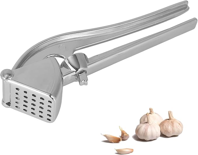 Professional Garlic Press, Aluminum Alloy Heavy-Duty Garlic Mincer Crusher, Easy Squeeze Masher Rocker Tool with Ergonomic Handle, Dishwasher Safe Kitchen Gadget Essential (Silver)