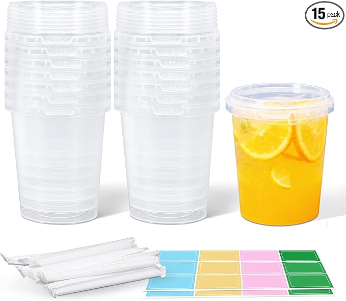ASEVAT 18 oz 15 Pack Plastic Drink Buckets with Lids and Straws, Clear Plastic Cup with Lid, Ice Buckets for Parties, Reusable Food Grade Containers with Lids, Deli Container for Sauce, Soup