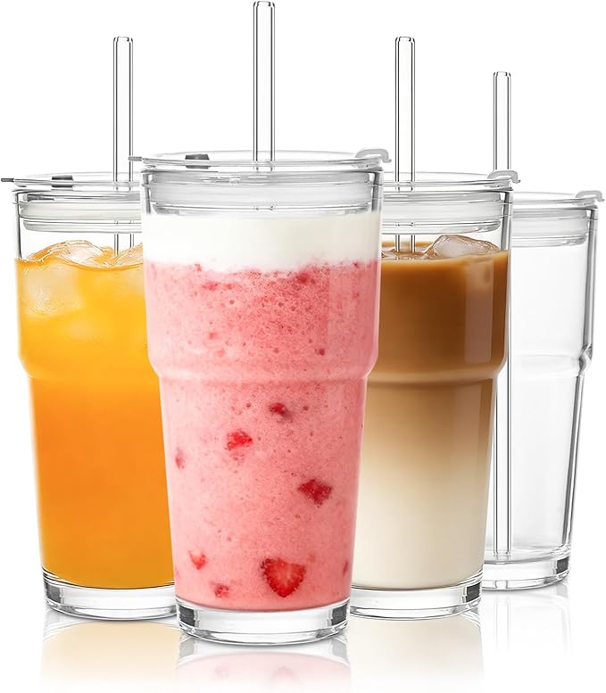 SoulTimes 20oz Glass Tumbler with Lid and Glass Straw –Set of 4, Clear Reusable Iced Coffee Cup, Drinking Glass for Coffee, Tea, Juice, Smoothies – Durable & Elegant Glassware