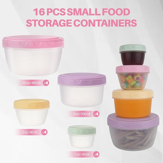 16 Piece Food Storage Containers with Lids (1Oz-45Oz), Leakproof BPA-Free Bowls Set with Pastel Color Lids for Soup, Snacks, Condiment, Salad Dressing & Sauce, Space Saving Nesting Design