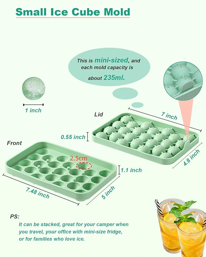 Silicone Ice Cube Molds 2 Pack, Round Ice Cube Tray Silicone with Lid, Flexible 25-Cavity Easy Release Ice Trays for Freezer, DIY Homemade Ice Cubes for Cocktail, Whiskey, Juice, BPA Free