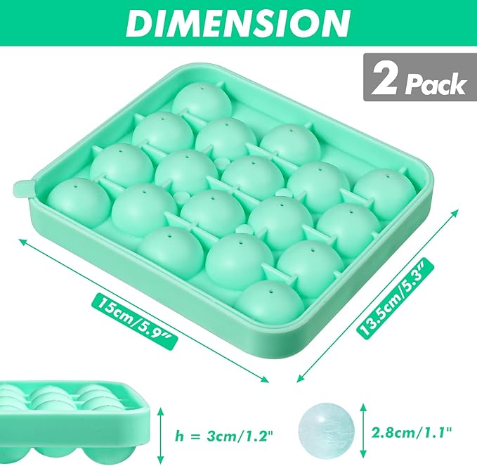Webake 2 Pack Sphere Ice Cube Trays - 1.1" Small Round 36pcs Ice Ball Maker, Flexible Silicone Molds for Cocktails, Whiskey, Tea & Coffee - Easy Release & BPA Free (Green)