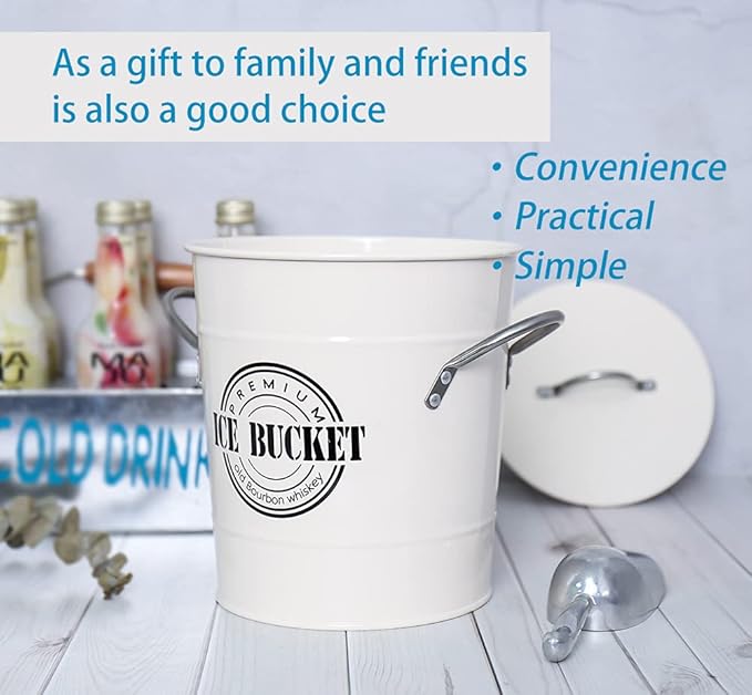 T586A 4L Cream White Metal Galvanized Double Walled Ice Bucket Set with Lid and Scoop