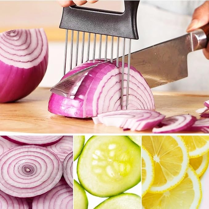 Onion Holder for Slicing, 2025 New Stainless Steel Onion Slice Holder Lemon Slicer Vegetable Cutter, Kitchen Gadgets Chopper Slicing Assistant Tool for Meat, Onion, Tomato, Potato (3 Pcs)