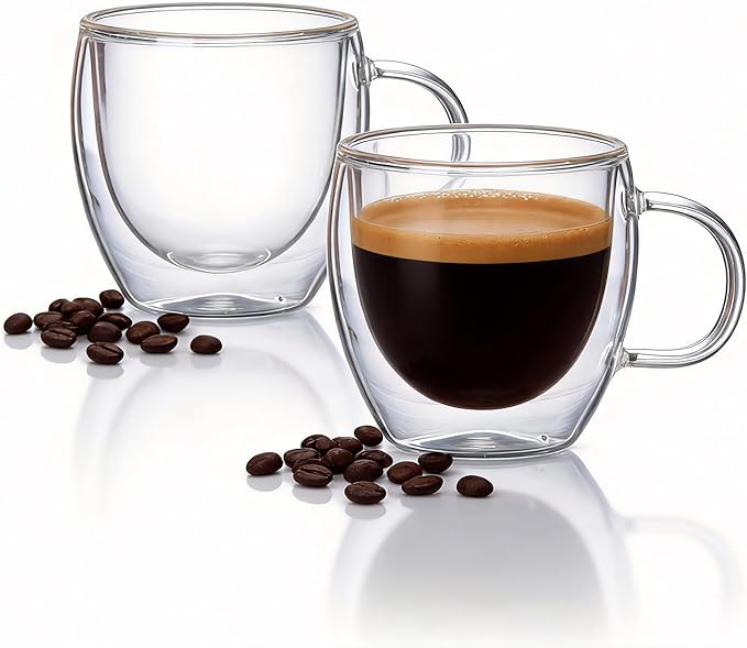 Double Wall Insulated Espresso Shot Cups 5.4 OZ Set of 2, Small Clear Borosilicate Glass Demitasse Coffee Mugs with Handles