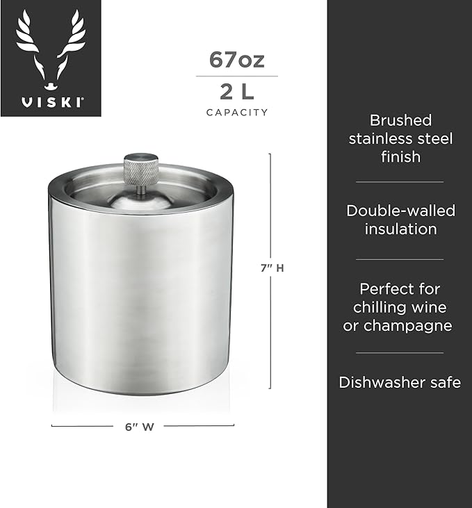 Viski Harrison Stainless Steel Ice Bucket for Restaurants or Home Bars, Insulated Ice Bucket with Lid for Bottles, Stainless Steel Bucket Set of 1