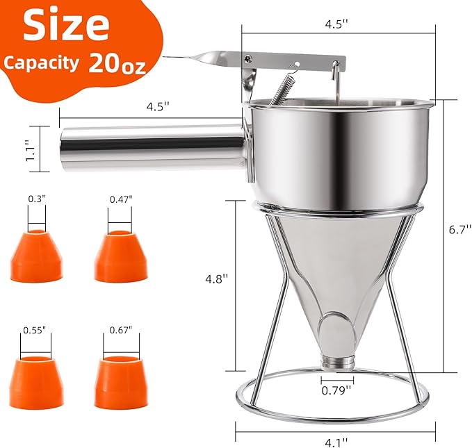 WRINGKIT Stainless Steel Pancake Batter Dispenser, 20 Oz Funnel Cake Dispenser Maker with Stand Squeeze Handle, Multi-Caliber Panckae Pourer for Cupcakes, Donut, Waffle or Baked Goods