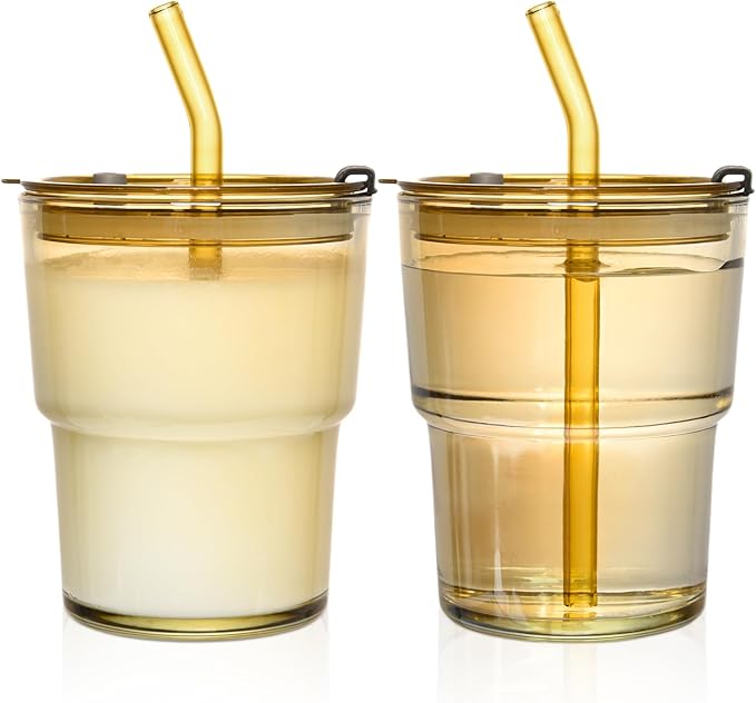 13oz Reusable Iced Coffee Tumbler with Lids,Clear Tumbler Water Glass,2 Pack Glass Cups with Straw and Lid,Glass to go Coffee Cup for Drinking Matcha, Water, and Juice(Amber